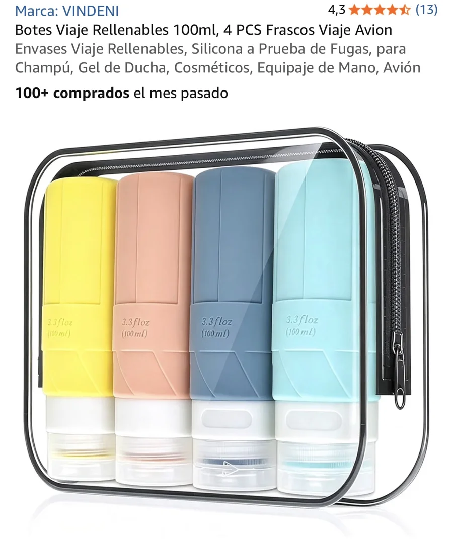 Cuatro envases rellenables VINDENI de 100 ml con bolsa transparente