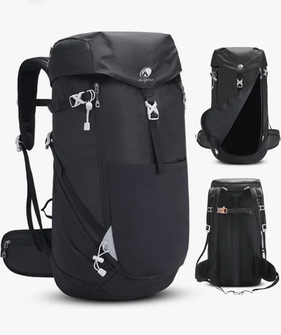 Mochila negra de senderismo de 50 litros con apertura frontal y vista de la espalda