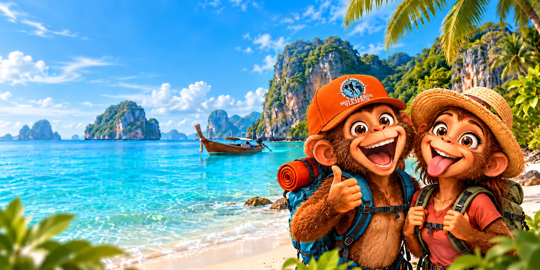 Nuestro mono y una mona mochileros en una playa de Tailandia, con una barca tradicional y acantilados junto al mar turquesa